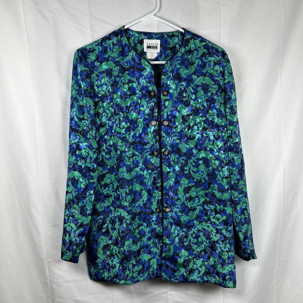 Vintage Leslie Fay Blouse Blazer Petite 12P Green Blue Black Double Button